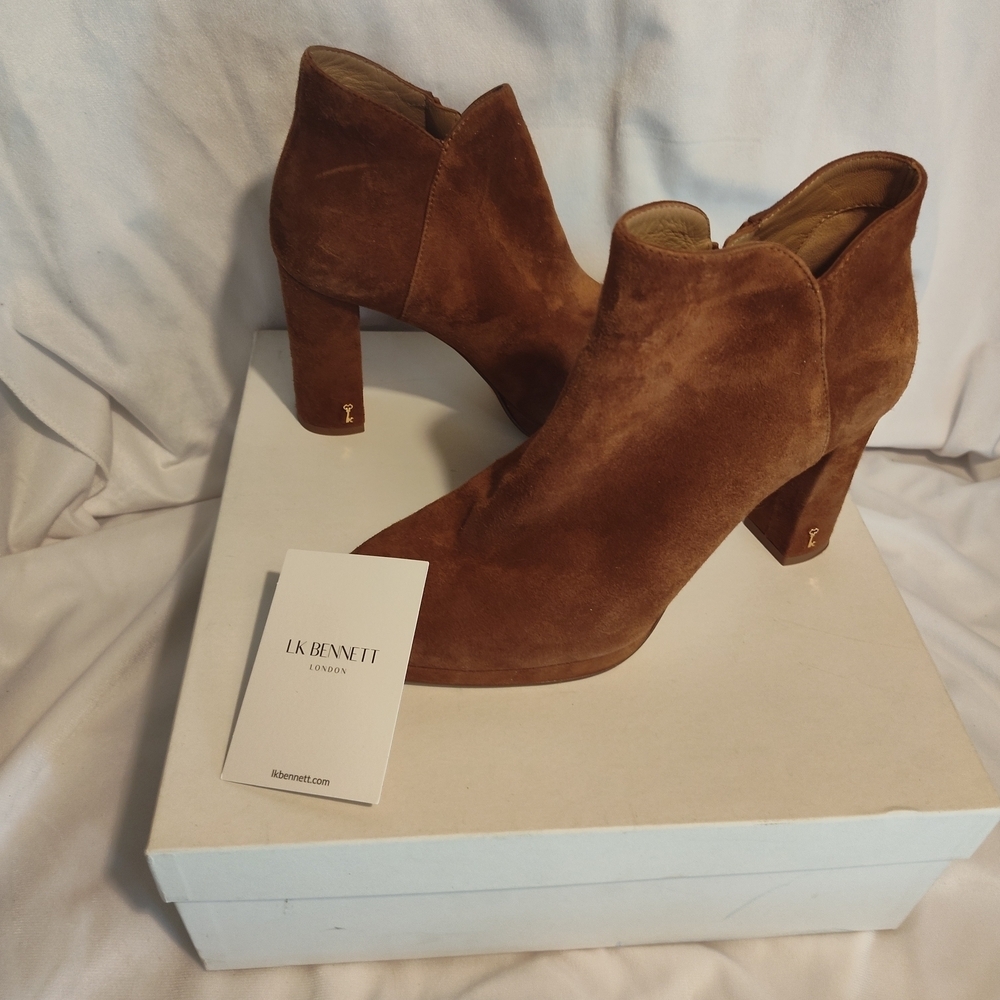 L.K. BENNETT Brown Suede Ankle Boots Chunky Heel - Picture 8 of 9